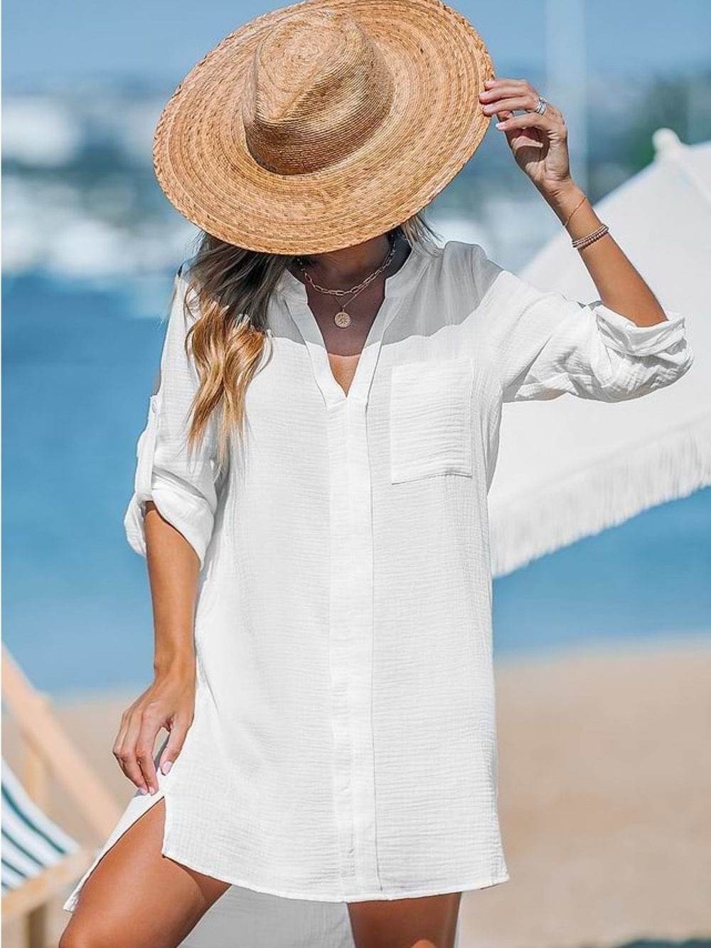 NWT Cupshe White V-Neck Button-Front Beach Coverup. Medium